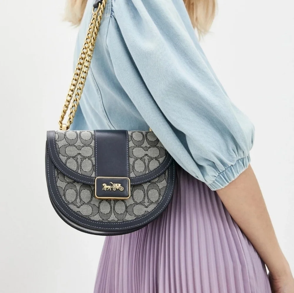 Coach Alie Saddle Crossbody Bag Navy Blue and Gold‎ Signature Jacquard Purse - Picture 5 of 14